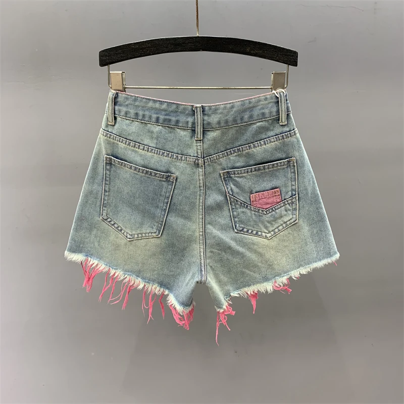 Ripped Denim Shorts 2023 Summer New High Waist Slimming Sense Of Design Contrast Color A-line Wide Leg Hot Pants For Hot Girls