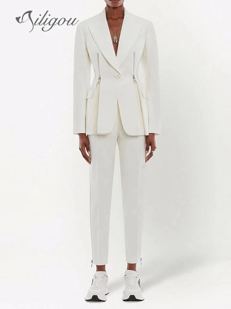

Ailigou Fall 2022 New Women's Elegant Casual Fashion 2 Piece Women's Sexy Zip-Up Blazer and Pants Office Celebrity Party Suit