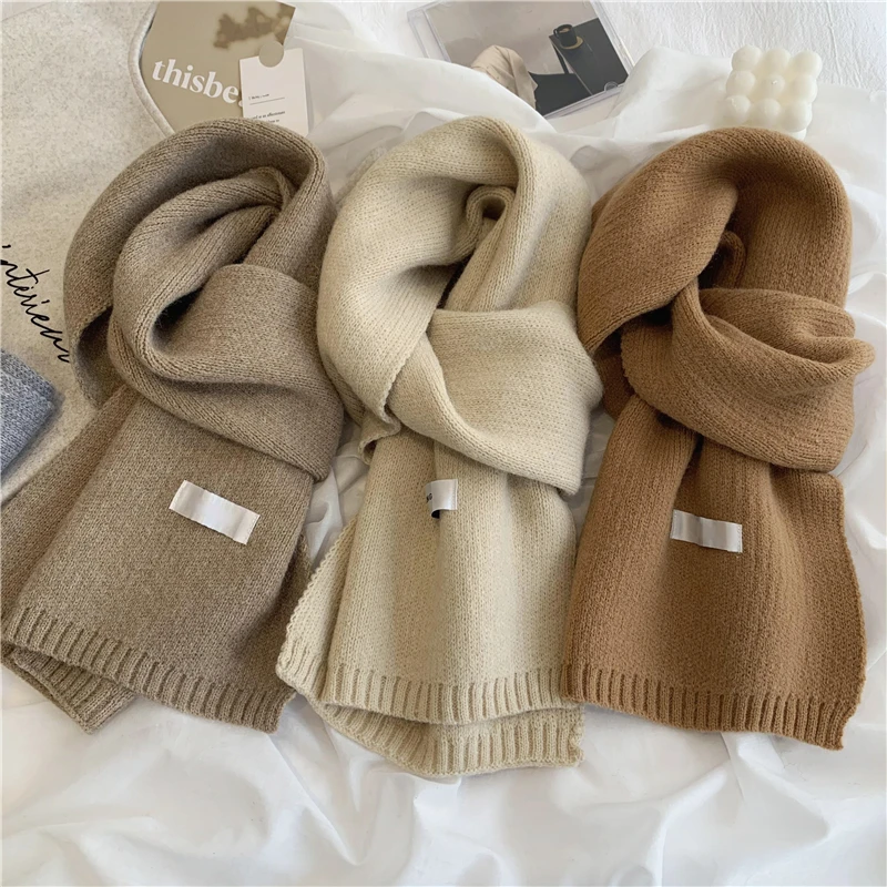 

Women Autumn Winter Solid Color Scarf Slim Neckerchief Soft Brown White Warm Knitted Woolen Ins Neck Pashmina Shawl Scarves