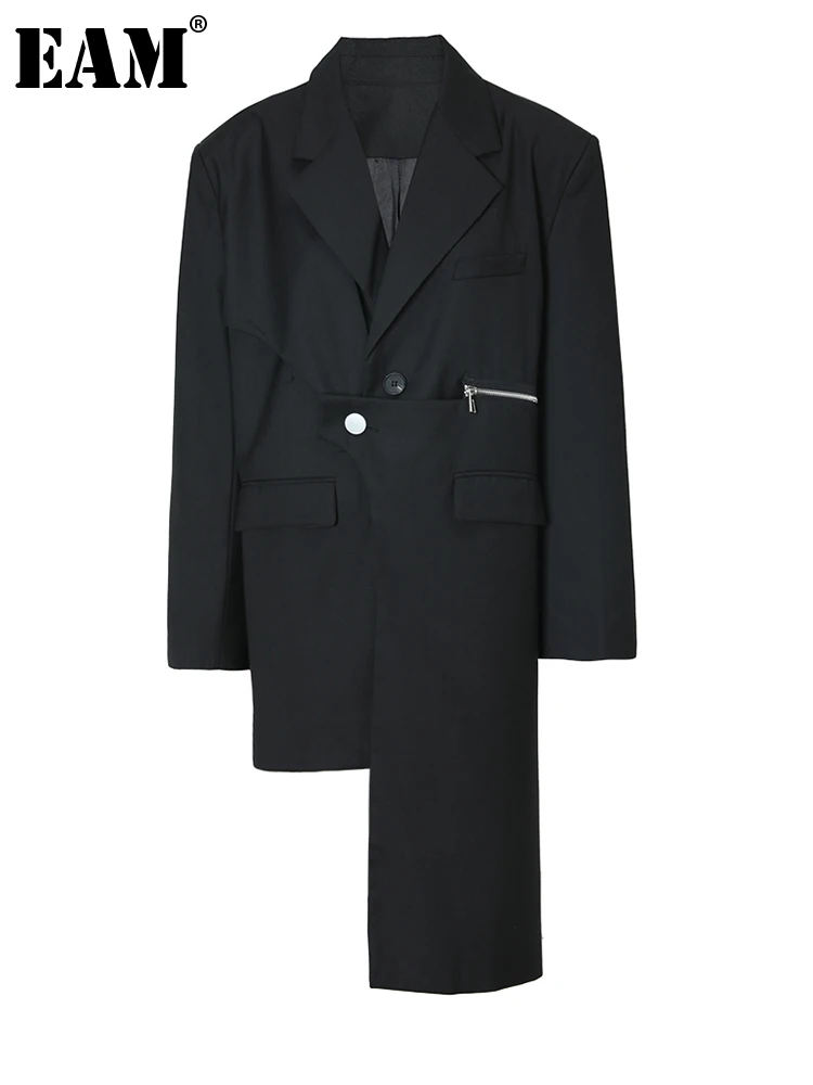 

[EAM] Женский Черный Асимметричный Длинный блейзер на молнии, большой размер, новая куртка с отворотом и длинными рукавами, модная демисезонная 2023, 17A456201