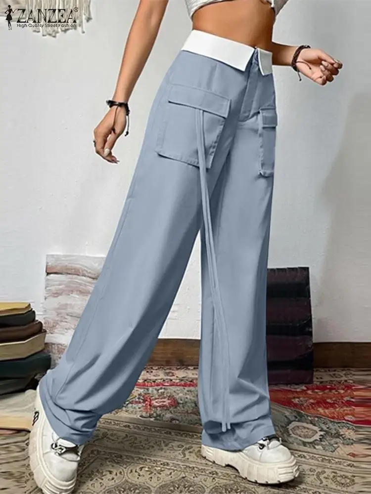 

ZANZEA Loose High Waist Long Trouser Big Pockets Casual Fold Over Waist Fashion Pantalon Colorblock Women Streetwear Cargo Pants