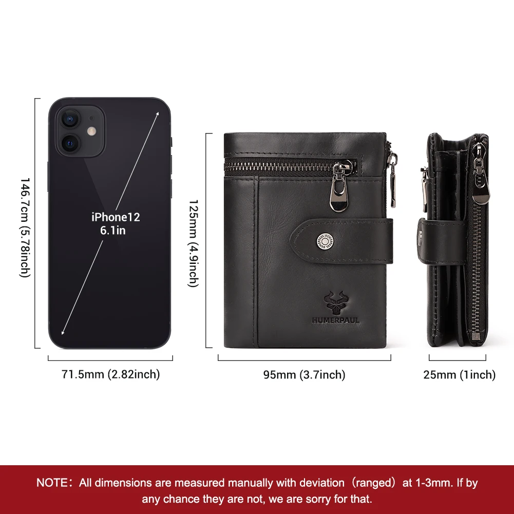 Genuine Leather Men's Wallet Fashion Casual Purse for Men RFID Blocking Credit Bank Card Holder with Double Zipper Coin Pocket