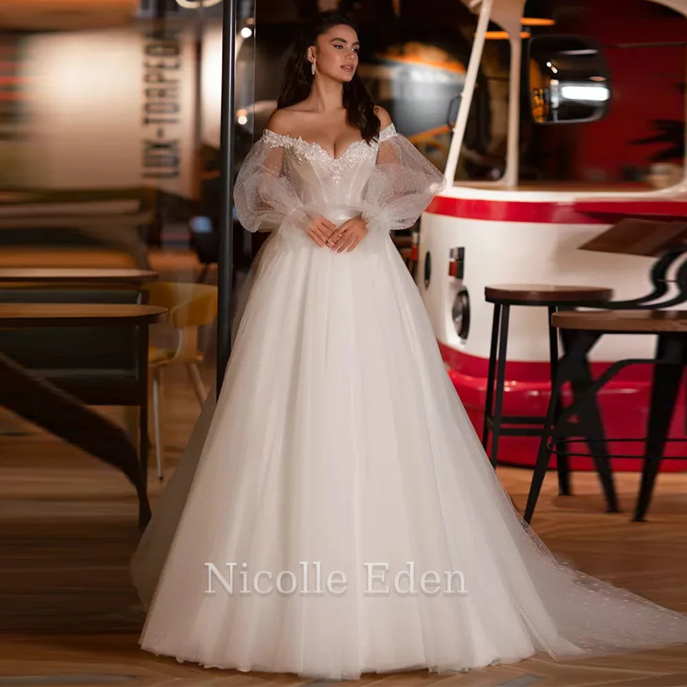 

Nicolle Eden Graceful A Line Wedding Dresses For Women Long Puff Sleeve Lace Appliques Bridal Gown Robe De Mariée Custom Made
