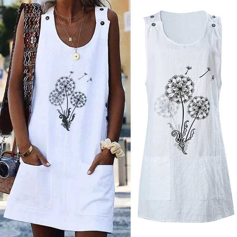 

Women Button Crew Neck Sleeveless Dandelion Print Mini Dress with Pocket for Summer Women Lady Comfortable Soft Casual FS99