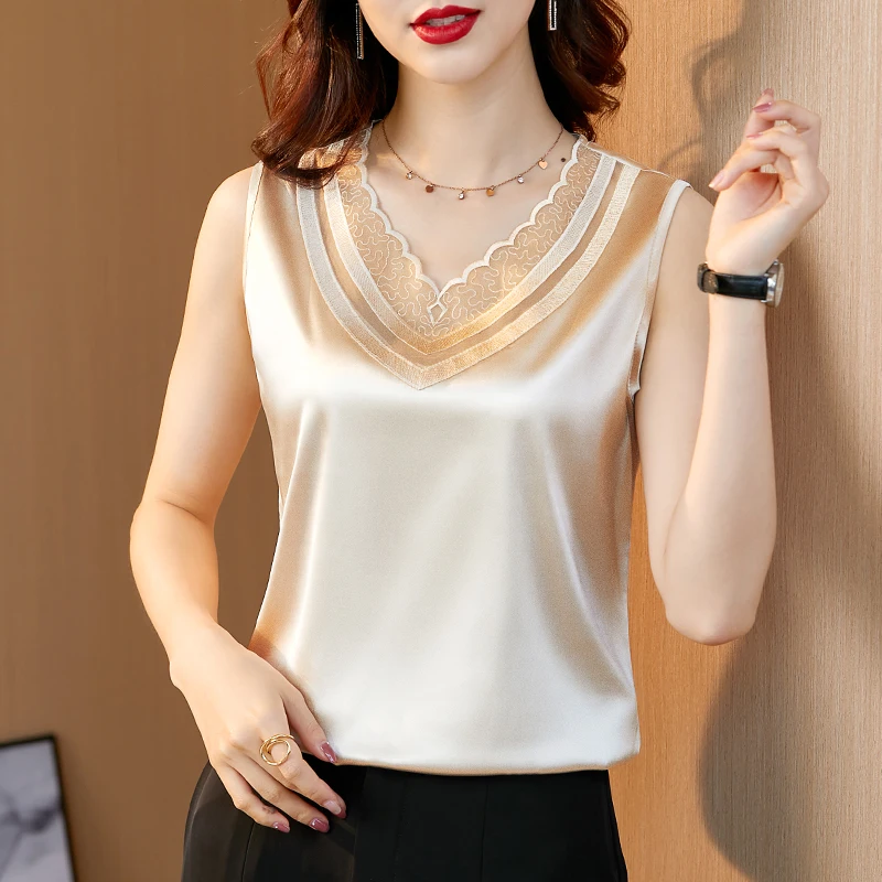 

Silk Top Women 2022 Spring New Fashion Sleeveless Tank Tops Female Solid Lace Sexy Vest Satin Top for Women Basic Womens Clothes