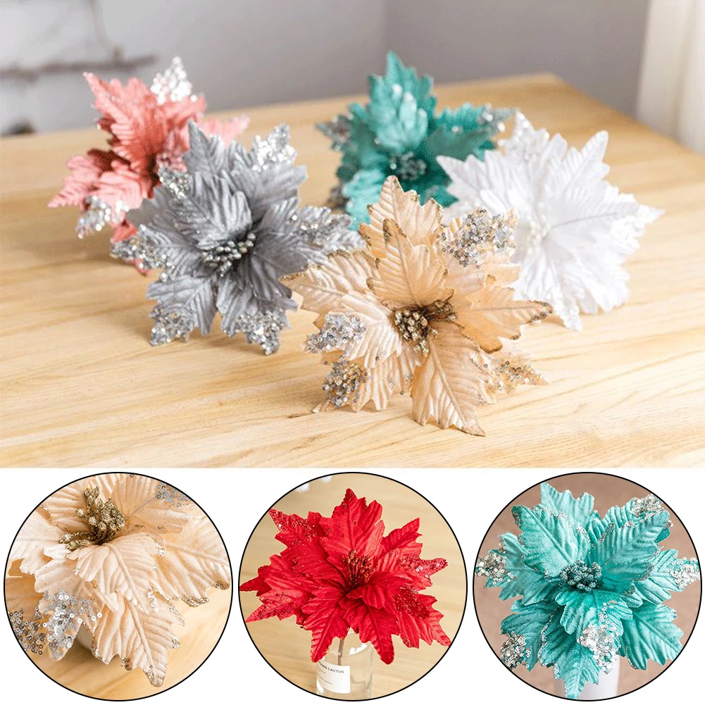 Рождественский цветок с блестками фланель ручной работы 1 шт. 25 см для украшения