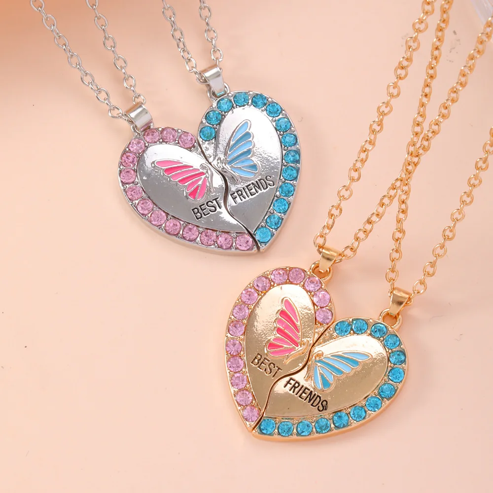 

Delicate Heart Butterfly Rhinestone Necklaces for Women Fashion Best Friends Heart Broken Stitching Pendant BFF Jewelry Gifts