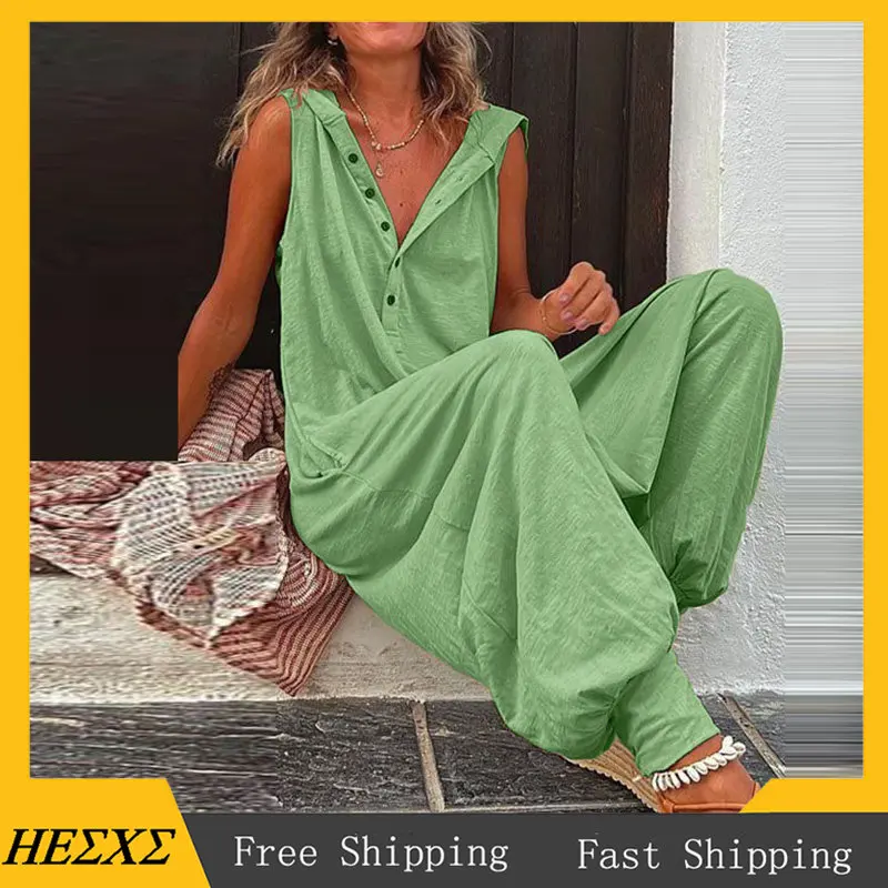 

Vintage Button Jumpsuit Summer Women Causal Beach Cross-pants Playsuit Fashion Loose Solid Sleeveless Hooded Romper Streetwear