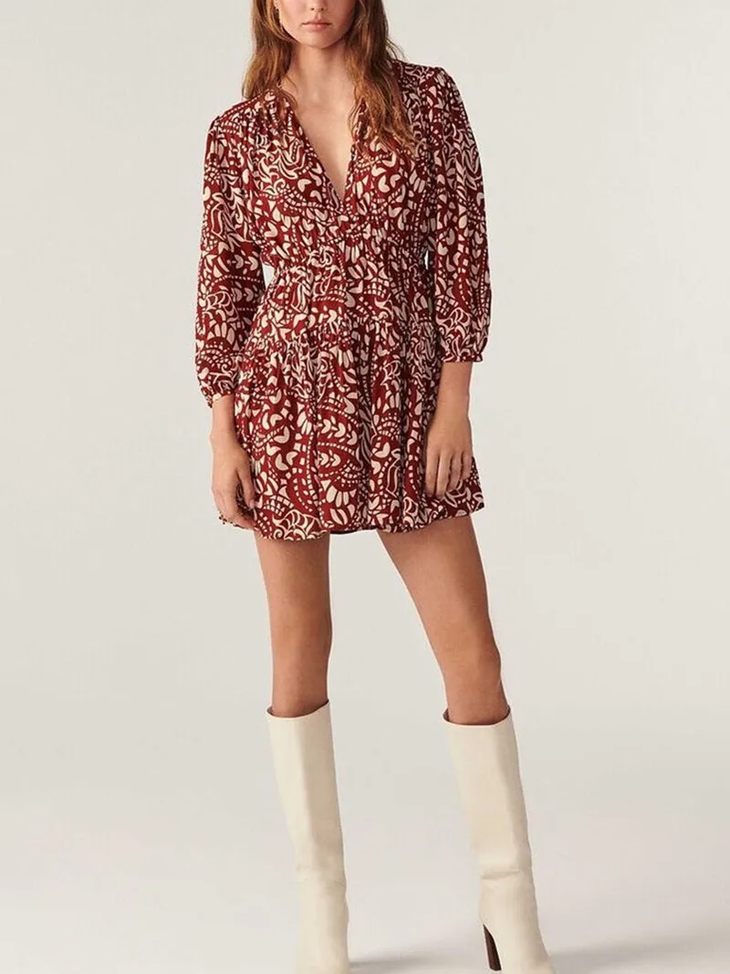 Women's Red Print Mini Dress Elastic Waist Retro Three Quarter Sleeve 2023 Autumn Female V-neck Robes