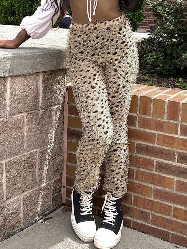 

Leopard Print Plush Long Pant For Women Clothes Streetwear Slim Fit Spliced Pantalones De Mujer Elastic Waist Flat Sexy Trousers