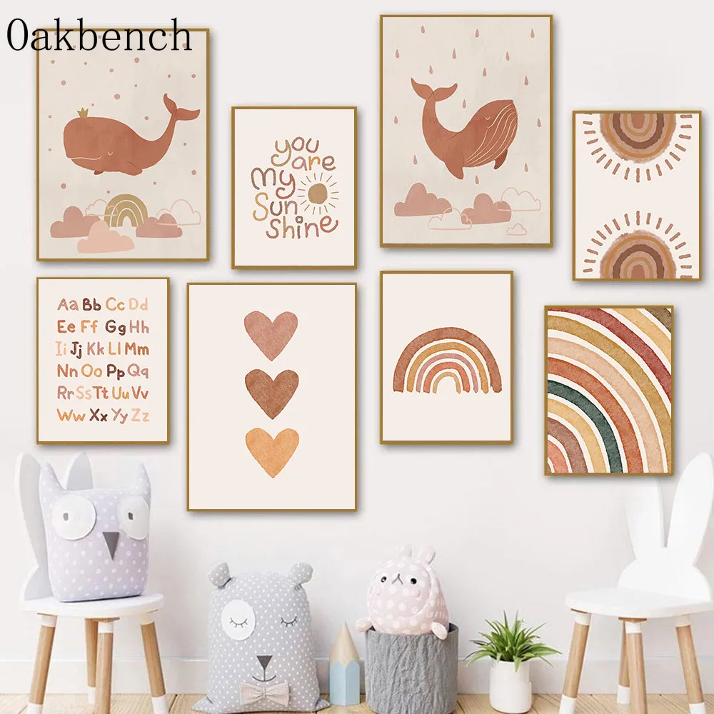 

Boho Wall Art Alphabet Canvas Poster Rainbow Love Heart Painting Poster Sun Sunshine Art Prints Nursery Posters Kids Room Decor