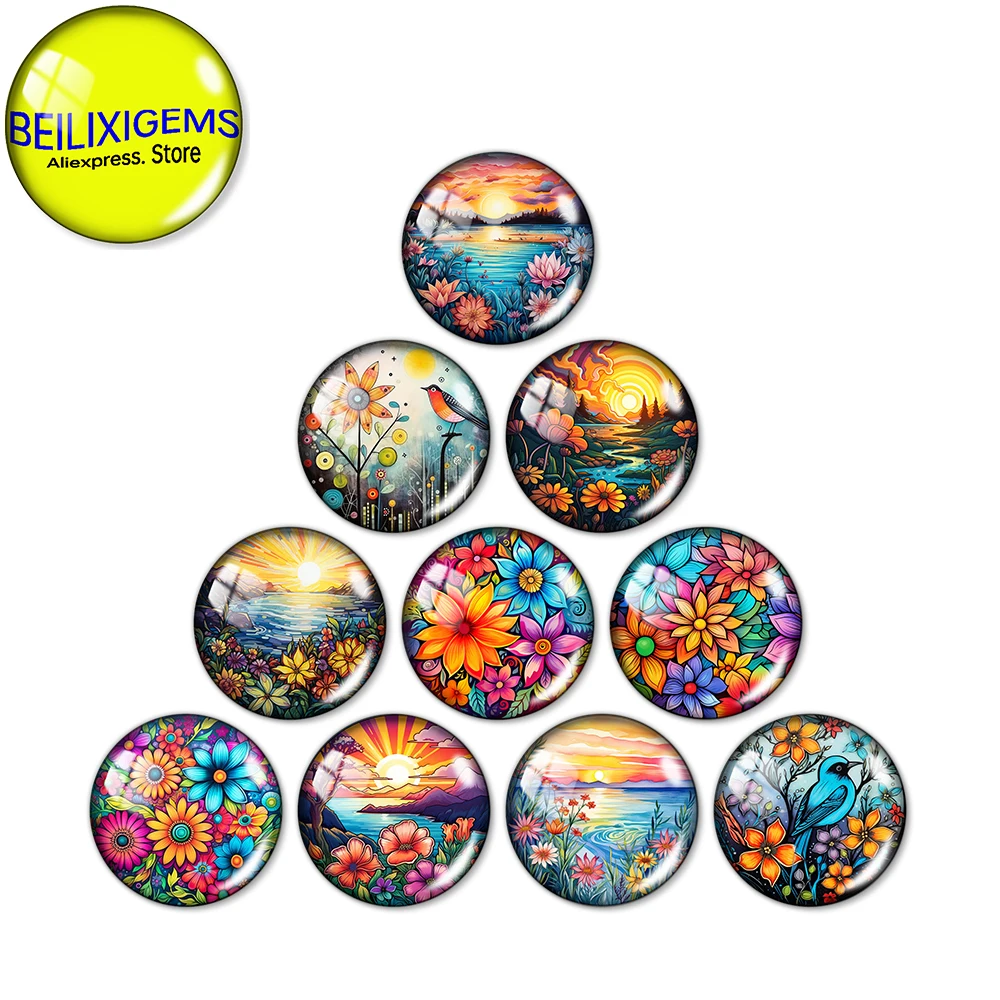 

10 Pcs Art Colorful Oil Painting Flowers Sunset Pattern 12mm/18mm/20mm/25mm Round Glass Cabochons Demo Flat Back Making Findings