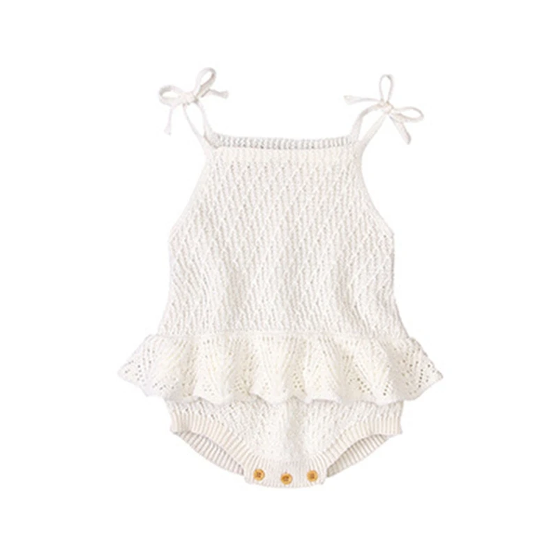 

Newborn Baby Girl Summer Sleeveless Bodysuit Tie Bowknot Spaghetti Strap Romper Knitted Ruffles Button Sling Jumpsuit GXMB