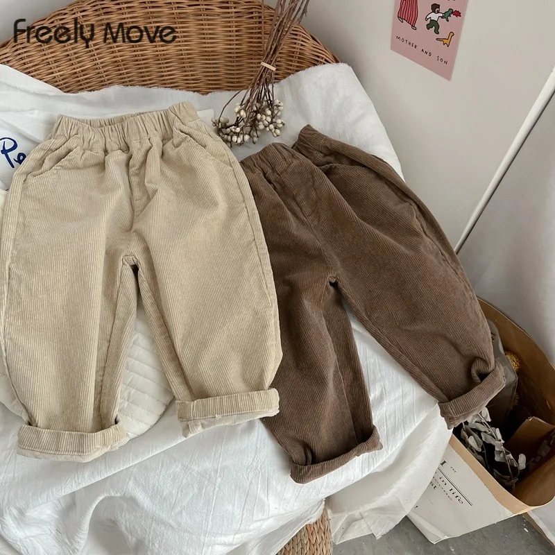 

Freely Move 2022 Spring Children Casual Pants Girls Solid Corduroy Harem Pants Kids Loose Trousers Vintage Boys Pants Clothes