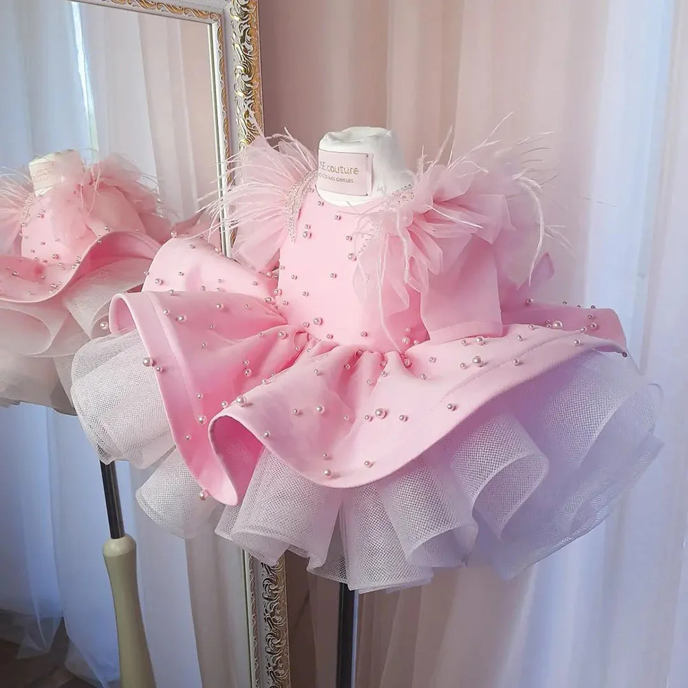 

Puffy Pink Flower Girl Dress Pearl Sleeves Princess Dress Girl Brithday Party Dress Girl Dress Baby Girl Dress Frist communion