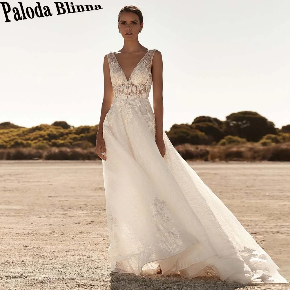 

Paloda Appliques Lace Classic Wedding Dresses Tank V-Neck Backless Button Tulle Sleeveless Court Train Vestido De Noiva 2023