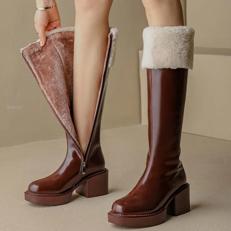 

Russia 2023High heel Genuine Leather Boots Fur Fashion Knee High Boots Women Warm Natural Wool Boots Round Toe Winter Snow Boots