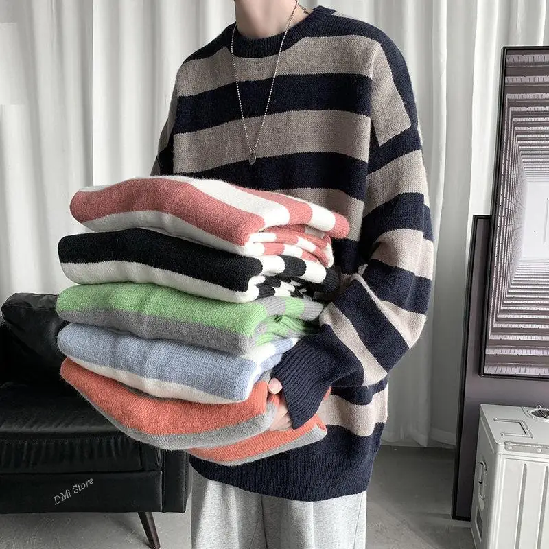 DIMI Man Oversized Knitted Pullovers Harajuku Casual Long Sleeve Male Sweater Fashion Striped Men's Sweaters  Korean