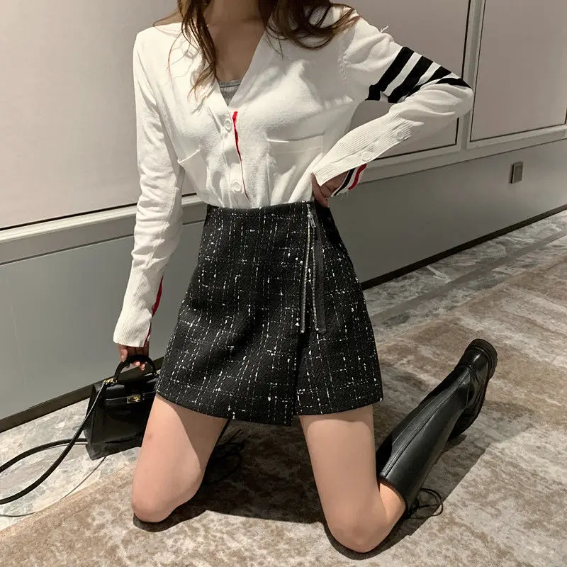 

Tweed Mujer Shirt Black Skirts Faldas High Zipper Waist Mini Woolen Short Moda Winter Fall Side Fashion Womens Irregular Woolen