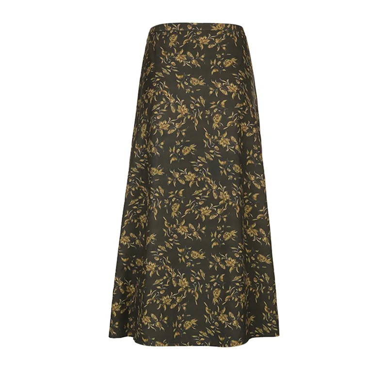 Женская юбка в стиле ретро желтовато-коричневая с принтом листьев и низкой