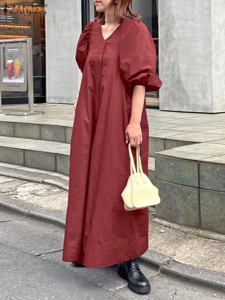 

Женский модный сарафан ZANZEA, весеннее однотонное свободное Макси-Платье, женское платье с V-образным вырезом и длинным пышным рукавом, кафтан, платье-рубашка, платье оверсайз
