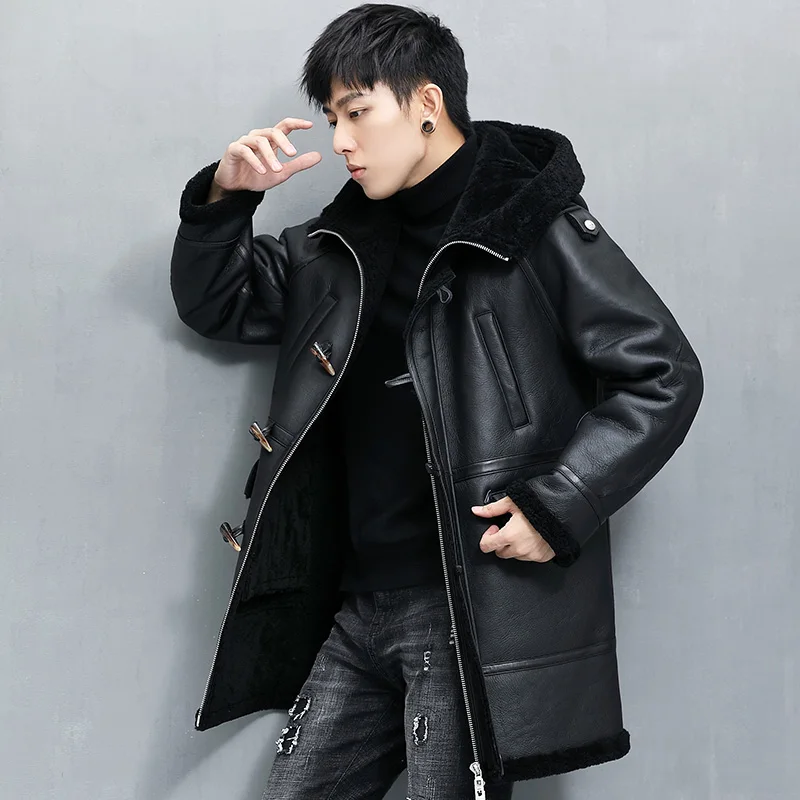 

Winter Original Ecological Shearling Coat Long Type Hooded Genuine Leather Jacket Sheepskin and Fur Thick Overcoat Men Clothing