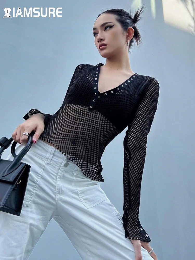 

IAMSURE Dark See Through Fishnet Mesh Top Ssexy Hollow Out Deep V-Neck Long Sleeve Tees Women 2022 Summer Fashion Streetwear