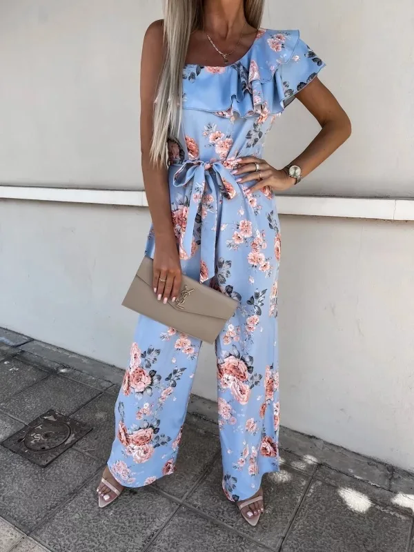 

New Sleeveless Printed Waist Tie Jumpsuit