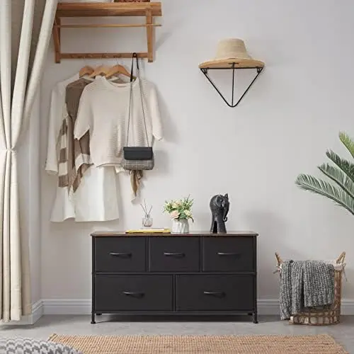 

Dresser for Bedroom with 5 Drawers, Wide Storage Chest of Drawers with Removable Fabric Bins for Closet Bedside Nursery Living R