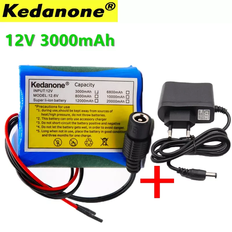 

KEDAONE 12V 3000mAh 18650 Lithium ion Rechargeable Battery Pack DC, Suitable for CCTV Camera Cam Monitor 3A Battery + 12.6V