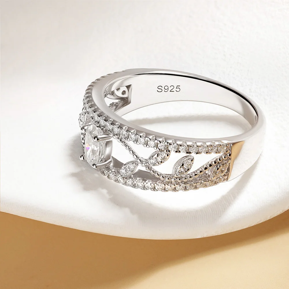 Кольцо Halaile D Color Full Moissanite из стерлингового серебра S925 с узором в виде листьев и