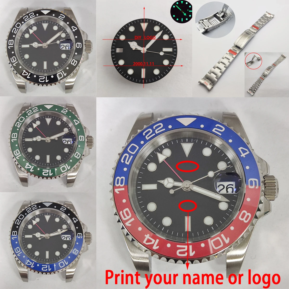 

40mm case nh34 watch GMT watch case men's watch NH35 movement stainless steel 904L sapphire glass nh36 watch dail C3 luminous