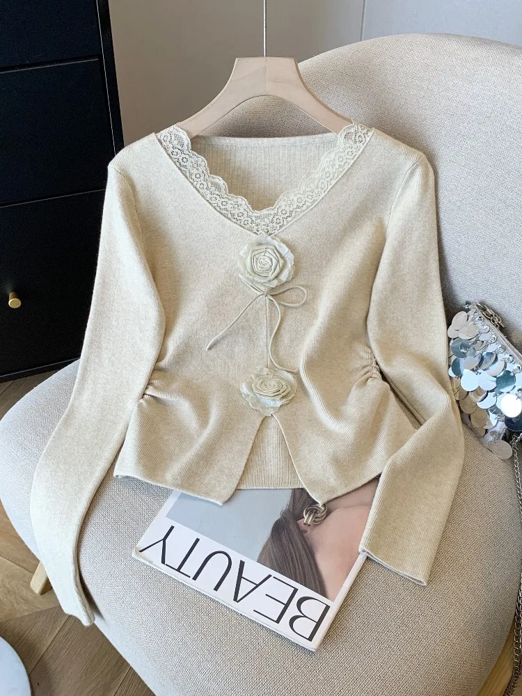 Французская кружевная вязаная футболка с v-образным вырезом в стиле пэчворк