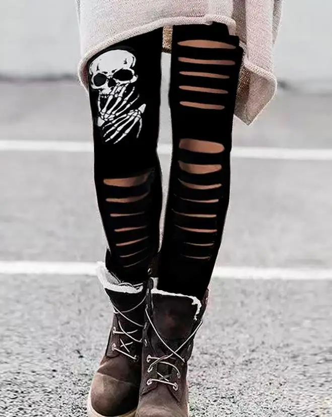 

Women's Pants 2023 Autumn New Fashion Casual High Waist Halloween Scary Skull Print Ladder Cutout Skinny Leggings Streetwear
