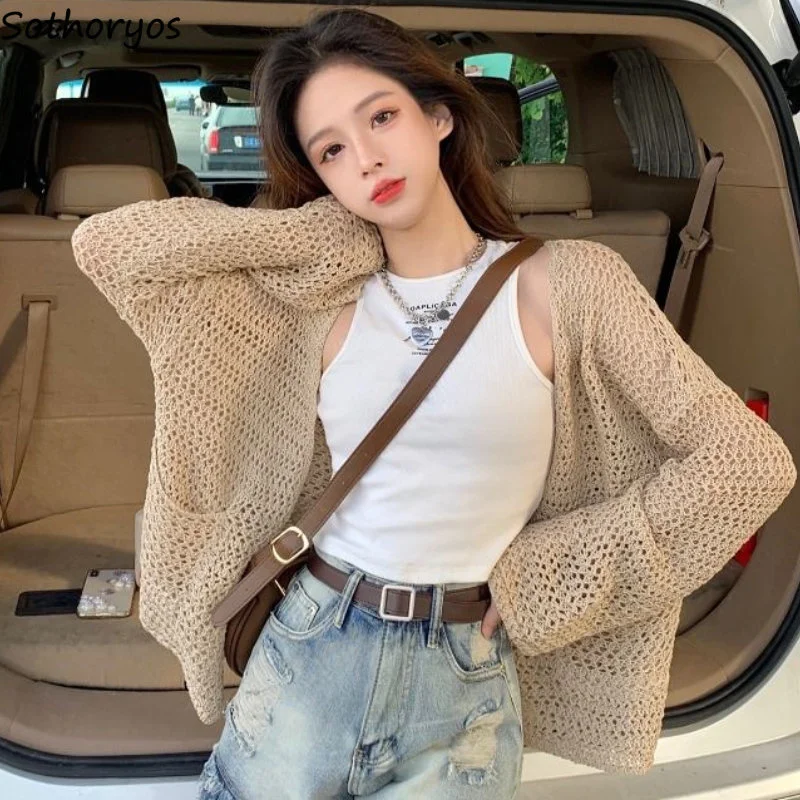 

Cardigan Women Loose Chic Solid Hollow Out Simple Design Knitting Leisure All-match Summer Elegant Tender Holiday Korean Style