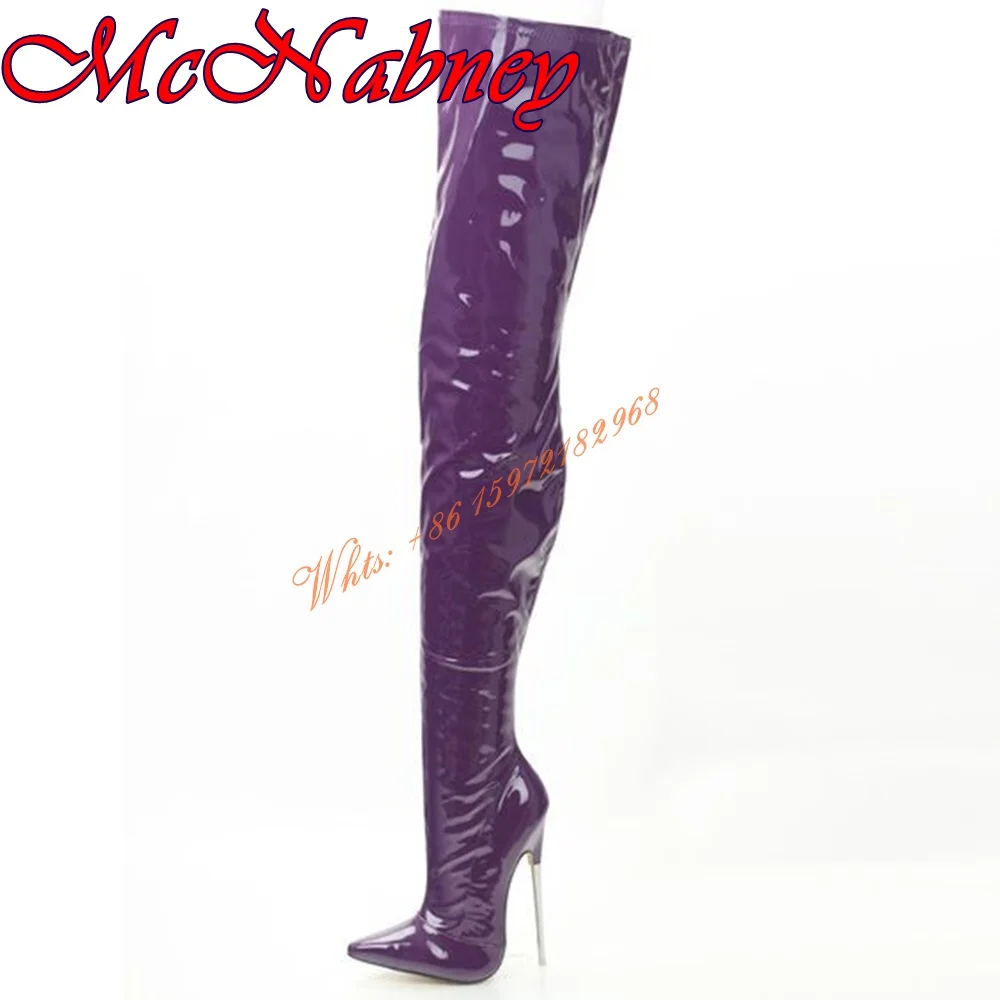 Metal Stiletto Heels Pointy Boots Solid Patent Leather Over the Knee Side Zipper Women Shoes Sexy Super High Heel Long Boots