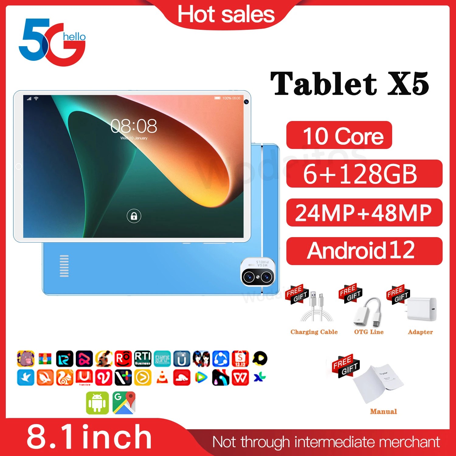 

Tablet X5 8.1 Inch Cheap Dual SIM Android12 Notebook Deca Core Laptop 24MP+48MP 6GB 128GB Google Play 5G LTE 8000mAh GPS Pad Pro