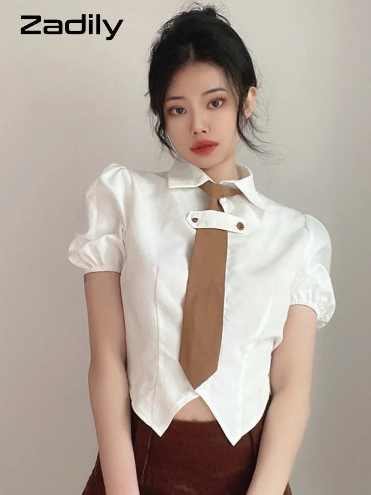 

Summer Short Sleeve Women White Shirt Preppy Style Button Up Tie Ladies Crop Top JK Cosplay Female Clothing Tops