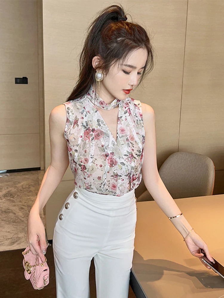

Шифоновая летняя элегантная рубашка, женская блузка без рукавов со складками и цветочным принтом, Женский пуловер, тонкие топы, женская оде...