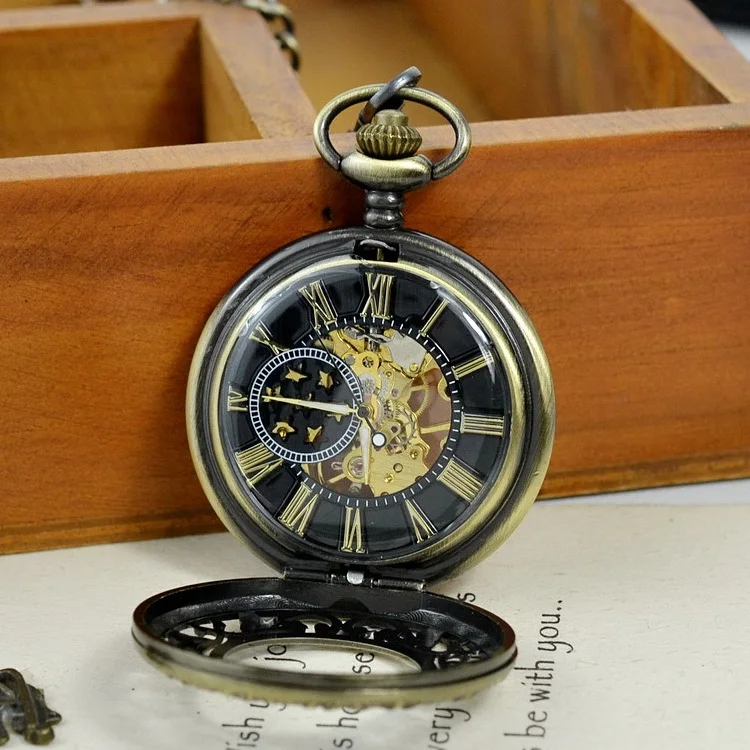 Luxury Vintage Mechanical Pocket Watch for Men Women hollow Dial Roman Hexagon Case Fob Chain Pendant Clock for Collection Gifts