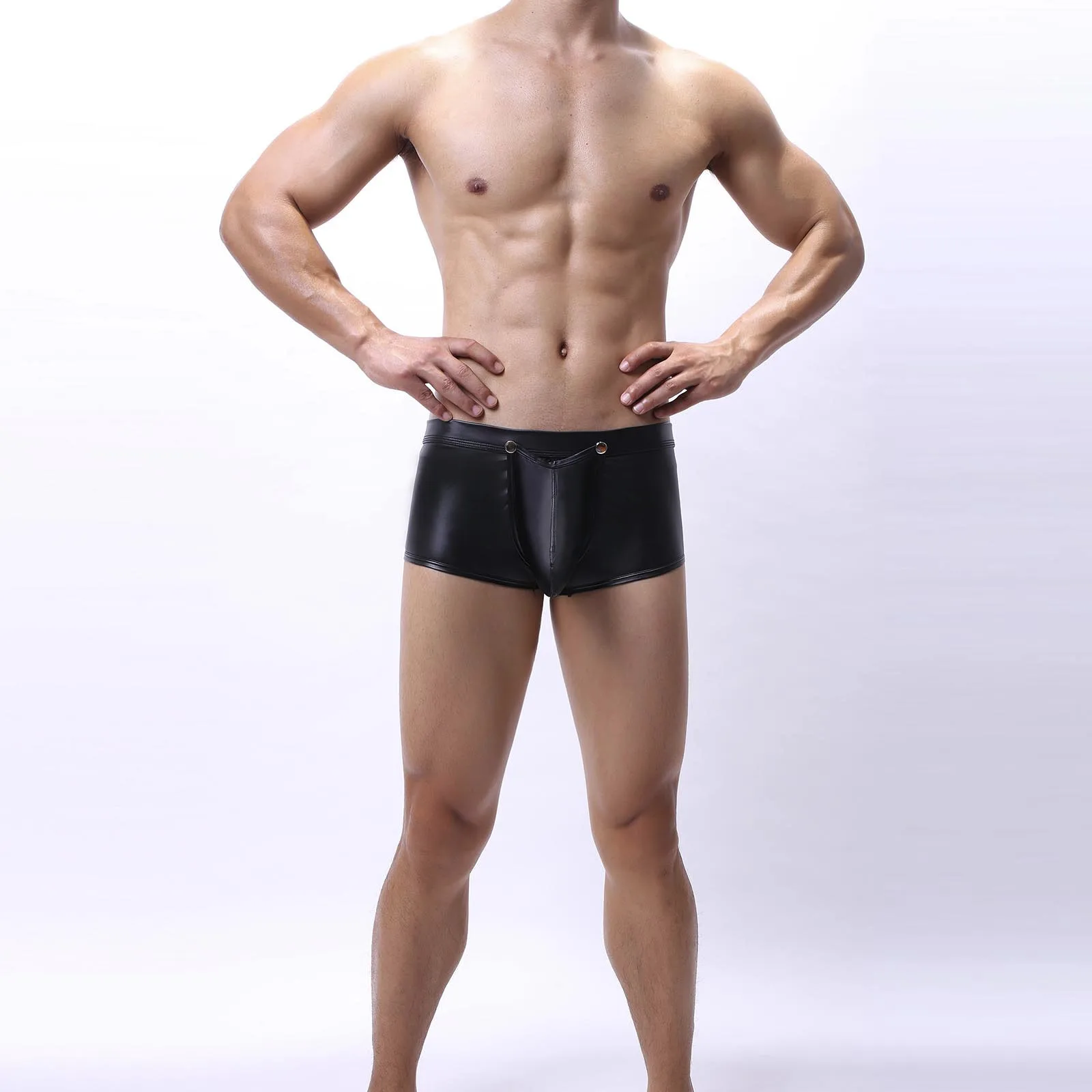 

Sexy Men's Black Faux Leather Underwear Mini Briefs Male Elastic Underpants Gay Sexy Metal Ring Decoration Lingerie Calzoncillos