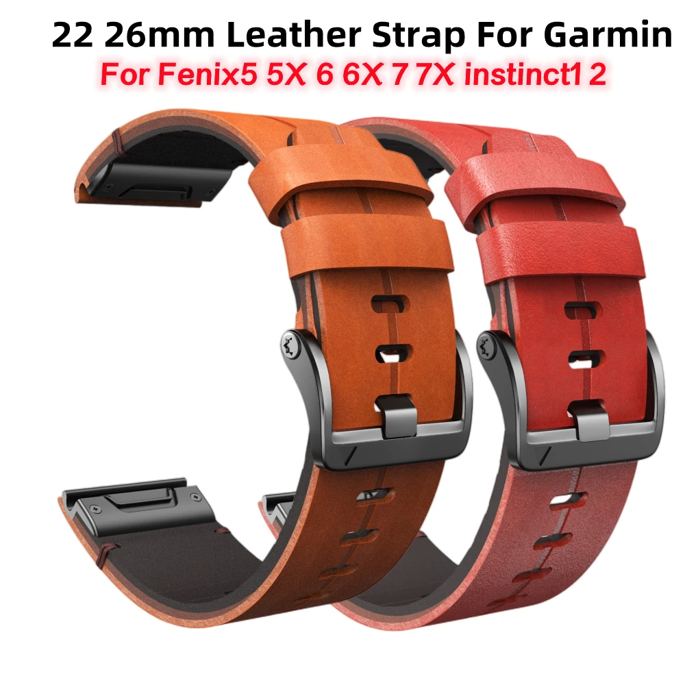 22 26mm Luxury Genuine Leather Strap For Garmin Fenix5 5X Plus 6 6X Pro Quick Release Watch Band Fenix7 7X Instinct1 2 Wristband