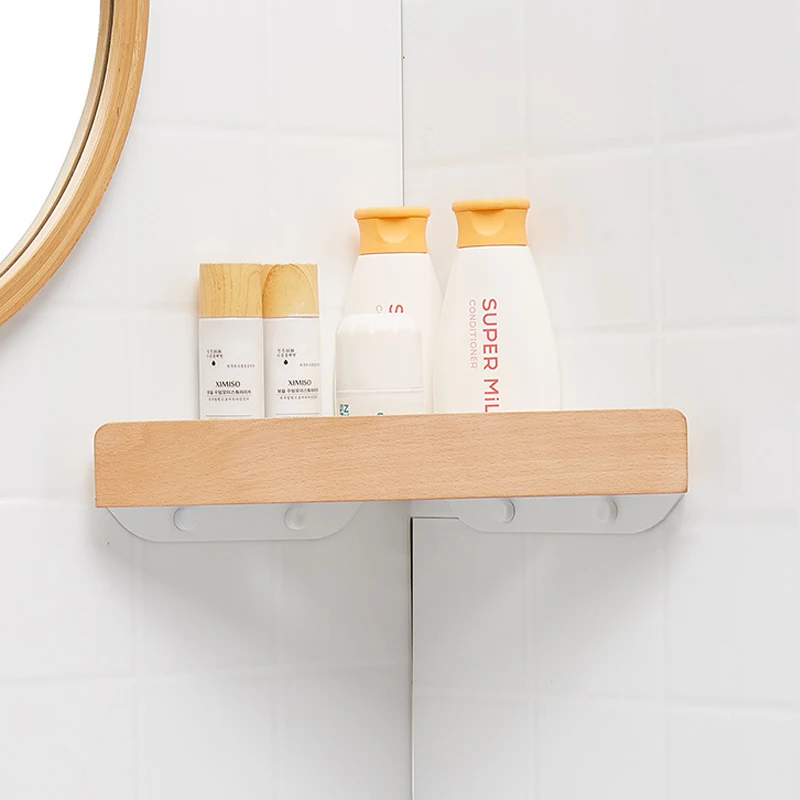 

Solid wood bathroom Triangle shelving Perforation-free shower room toilet corner Triangle basket toilet wall hanging storage rac