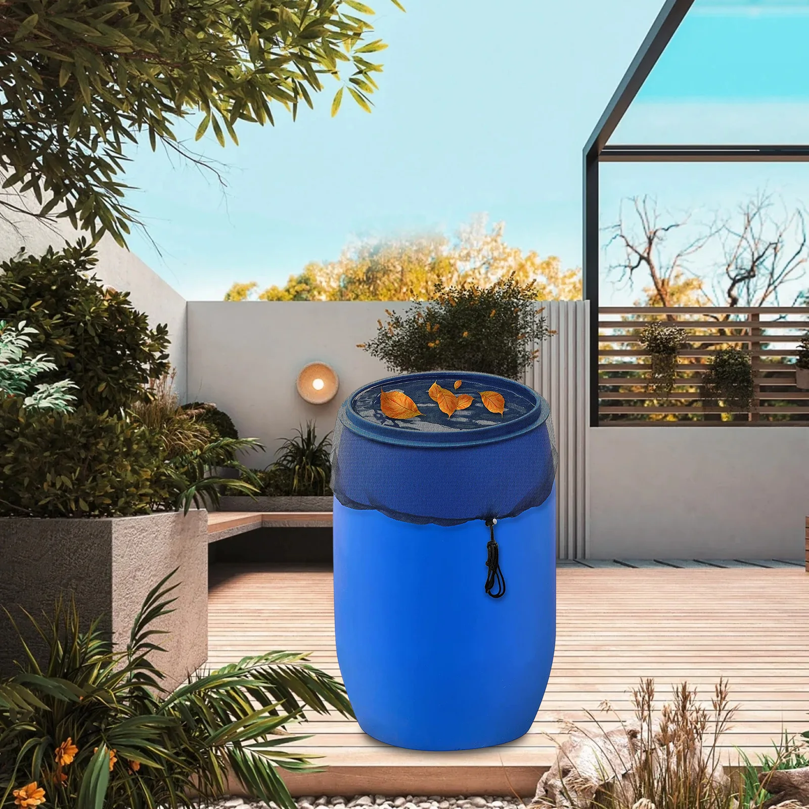 

95cm Garden Rain Barrel Mesh Screen Adjustable Drawstring Rainwater Barrel Protector Screen Anti-fall Leaves for Outdoor Garden
