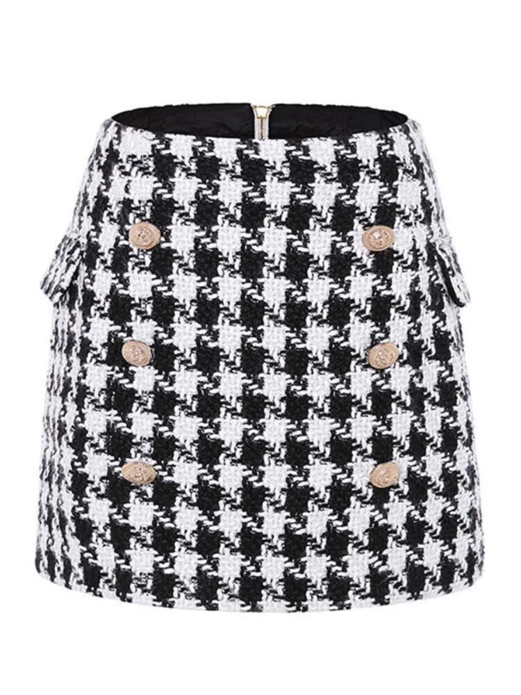 

Женская твидовая мини-юбка, элегантная модельная винтажная юбка с бахромой, пуговицами и гусиными лапками, Осень-зима