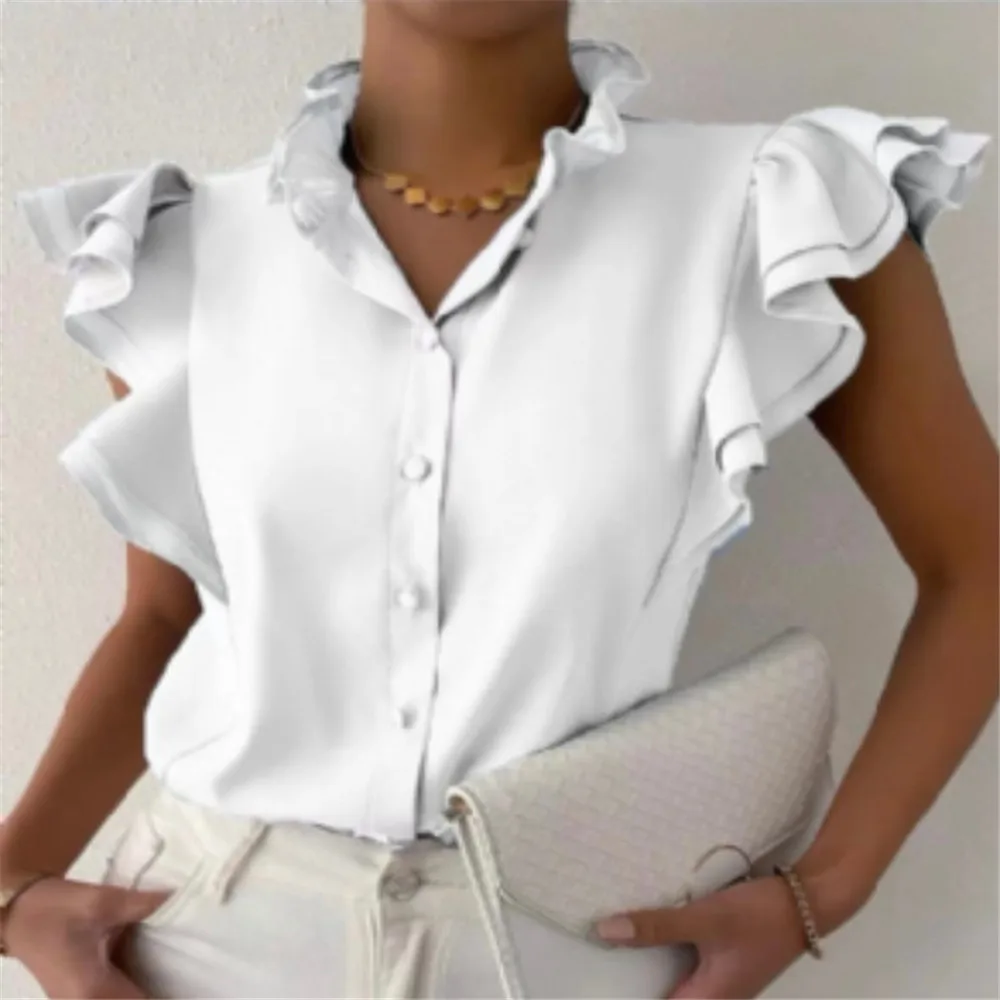 

Spring Summer Sexy Fashion Women Blouse Solid Color Lotus Leaf Sleeve Business Commuter OL Ladies Top Western Style 2022 New