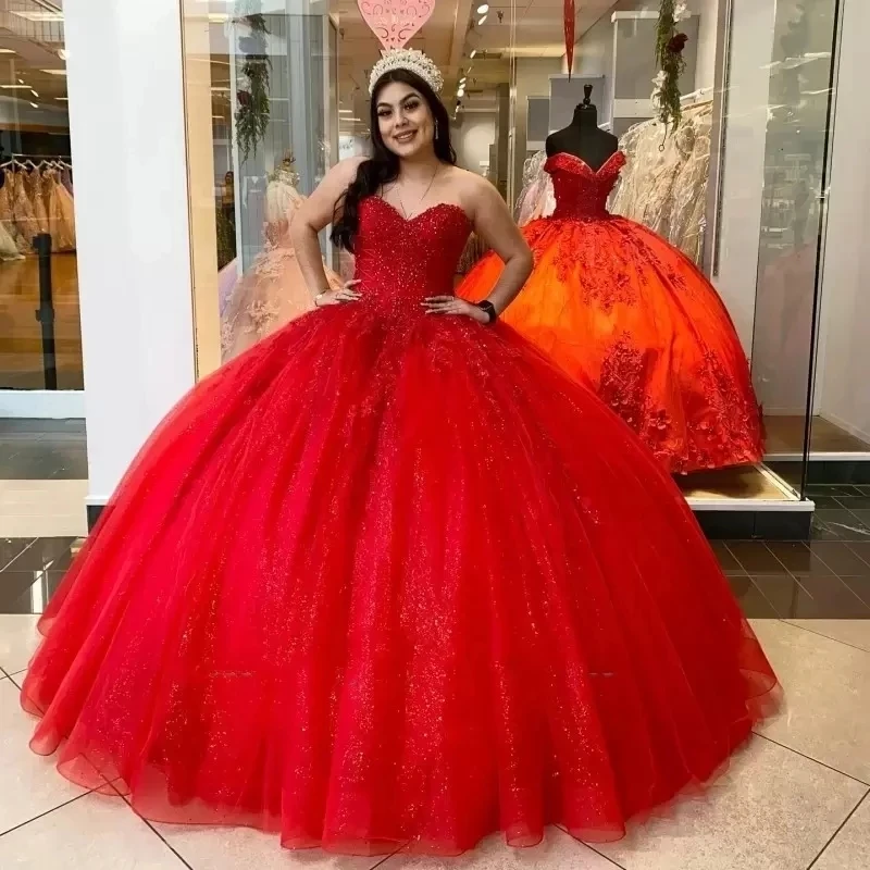 

ANGELSBRIDEP Red Sweetheart Quinceanera Dresses Vestidos De 15 Anos Beading Glitter Tulle Birthday Princess Prom Party Gowns