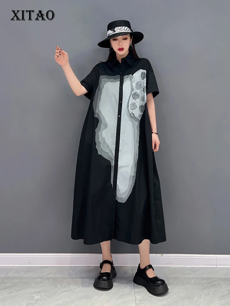 

XITAO Casual Print Shirt Loose Fashion Pleated Splicing Simplicity Temperament Casual Turn-down Collar Women New Dress WMD5142