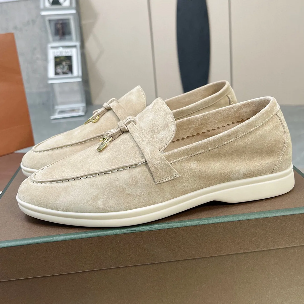 Summer strolling leather casual shoes, male cattle suede lovers' flat sole Lefu shoes, spring and autumn new women's shoes