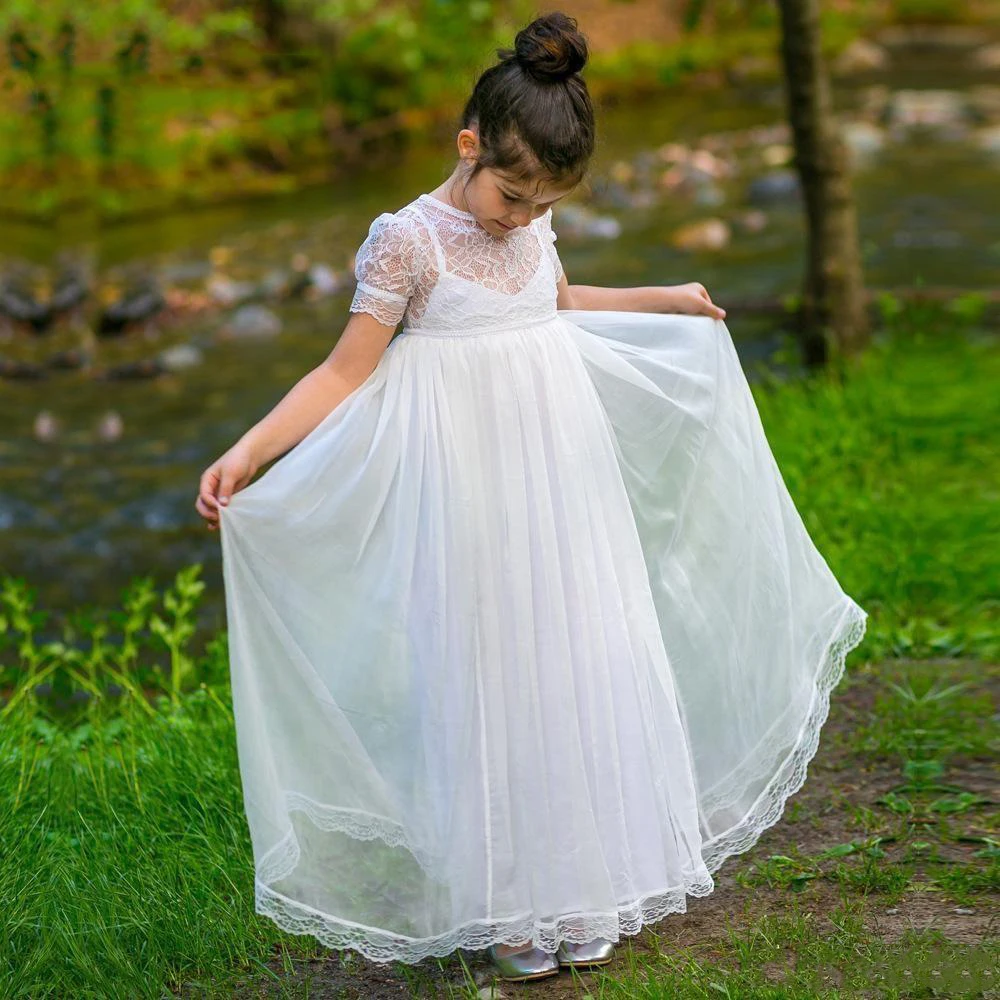 

New White Flower Girl Dresses For Weddings Jewel Short Lace Sleeve Child Birthday Party Gowns Girls Pageant Dress